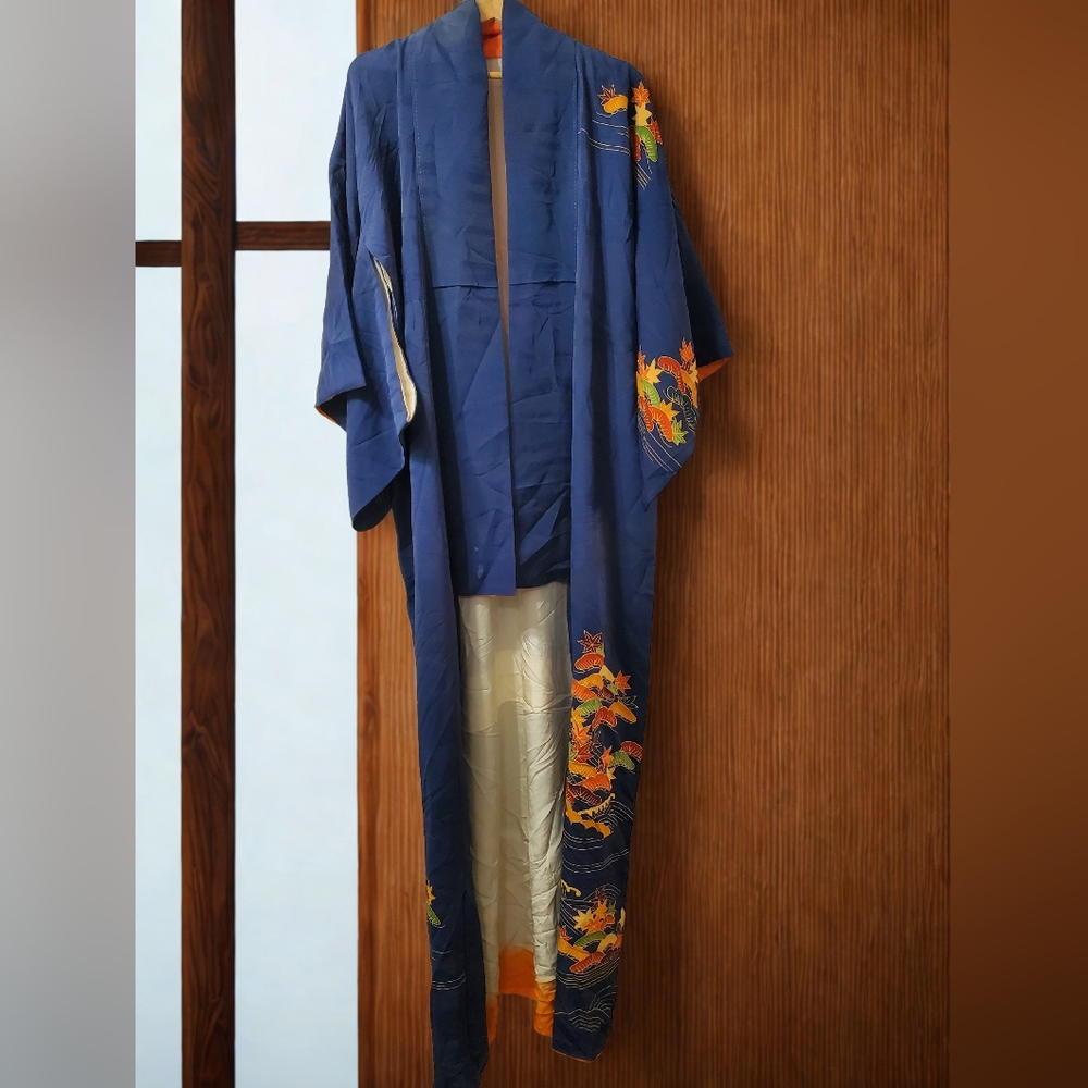Vintage Blue Silk Asian Kimono with Autumn Leaves Colors And Gold Embroidery